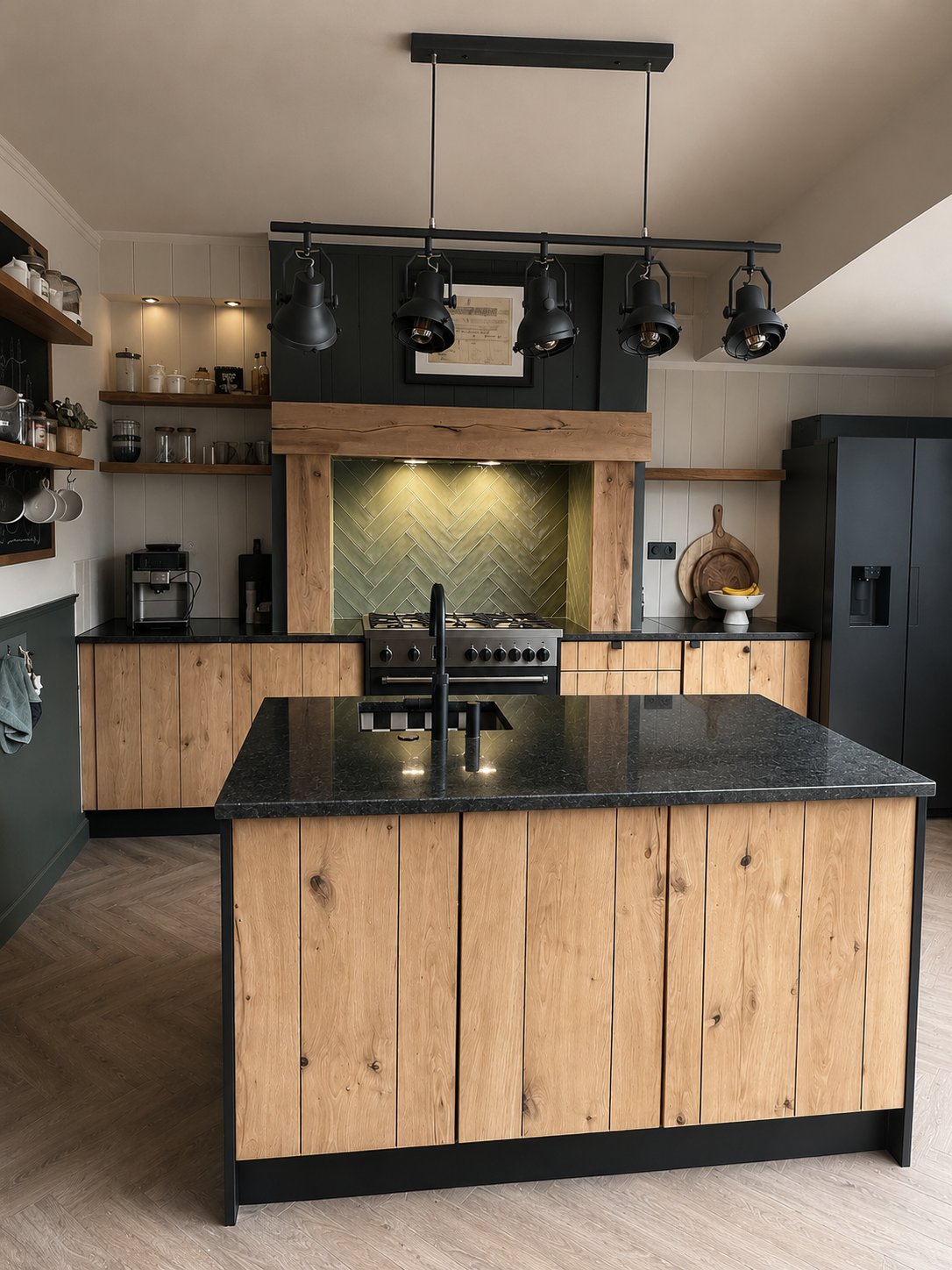 Keuken in eiken met zwart granieten werkblad
