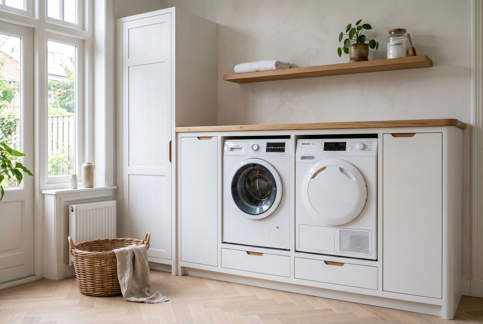 Wasmachine-ombouw, wit met eiken blad